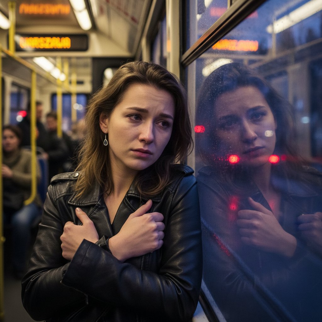Młoda kobieta z Polski o zmęczonej, zdeterminowanej twarzy, siedząca wieczorem w tramwaju – ilustracja emocjonalnego chaosu