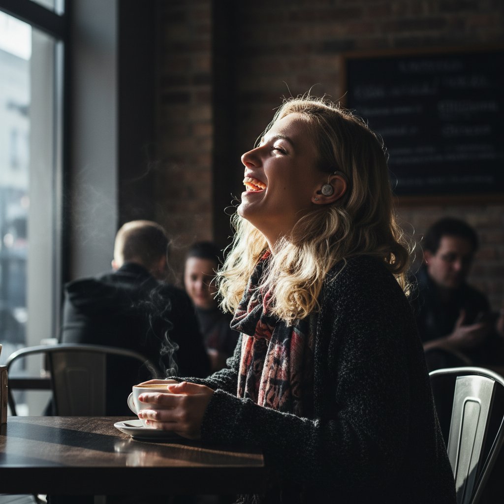 Młoda kobieta z implantem ślimakowym w kawiarni, symbol akceptacji i odwagi