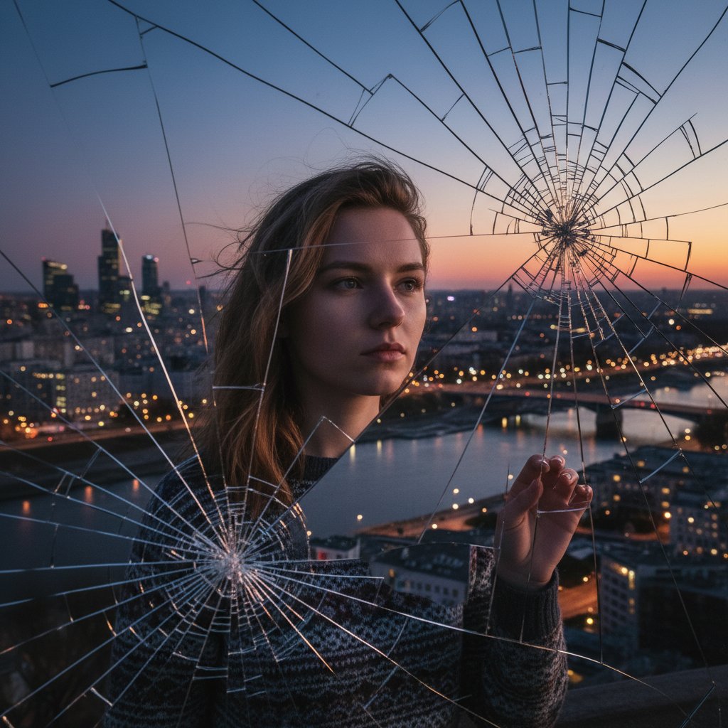 Kobieta patrząca w pęknięte lustro, odzwierciedlająca temat schematów poznawczych