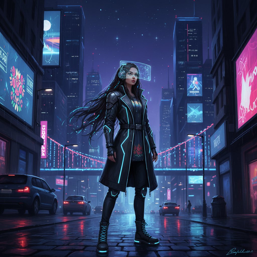 Młoda Polka patrząca sceptycznie na cyfrową postać AI na smartfonie, nocne miasto, napięcie