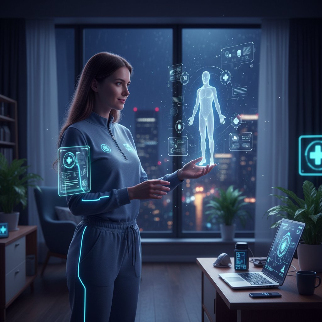 Młoda kobieta korzysta z asystenta zdrowotnego na laptopie w nocy, obraz oddający napięcie cyfrowej rewolucji zdrowia