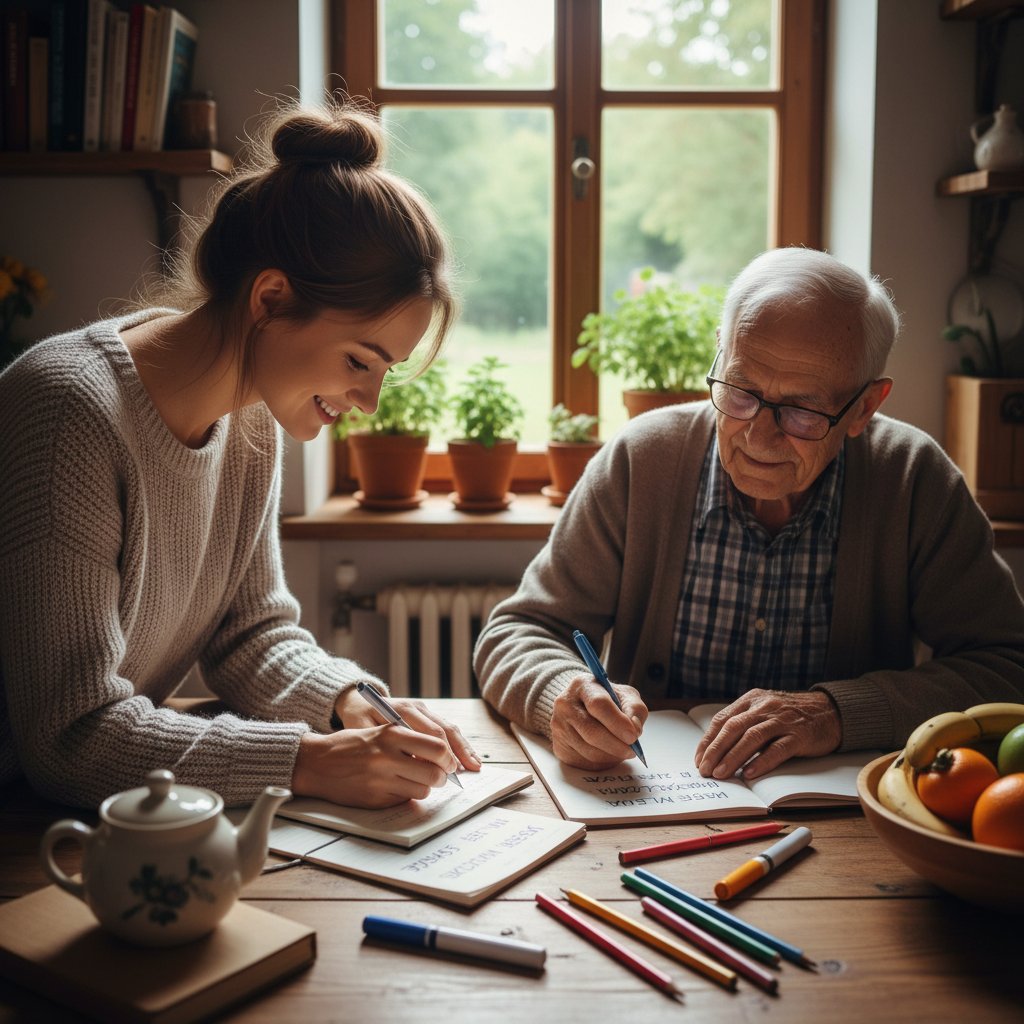 Młoda Polka i starszy mężczyzna wypisujący afirmacje na kartkach w kuchni