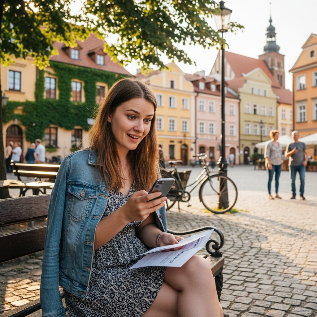 Młoda Polka z wynikami matury w małym miasteczku, radość i niedowierzanie, wiejski krajobraz