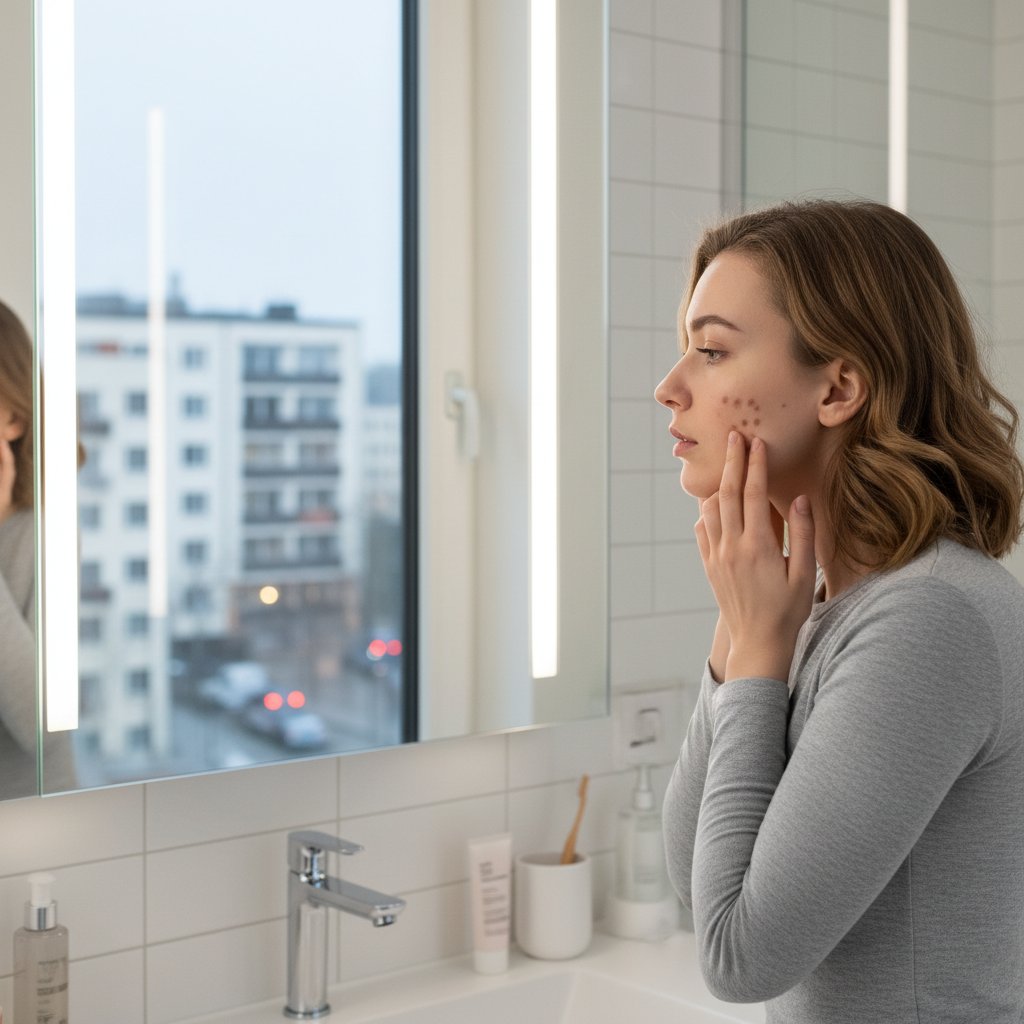 Kobieta w łazience, przeglądająca się w lustrze i z niepokojem patrząca na plamy pigmentacyjne na policzku