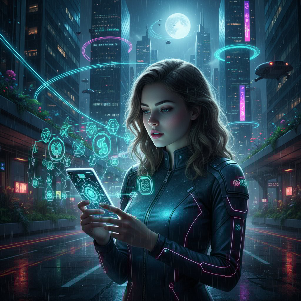 Młoda osoba analizuje wyniki zdrowotne na smartfonie w miejskim otoczeniu nocą, przepowiednie zdrowotne, AI