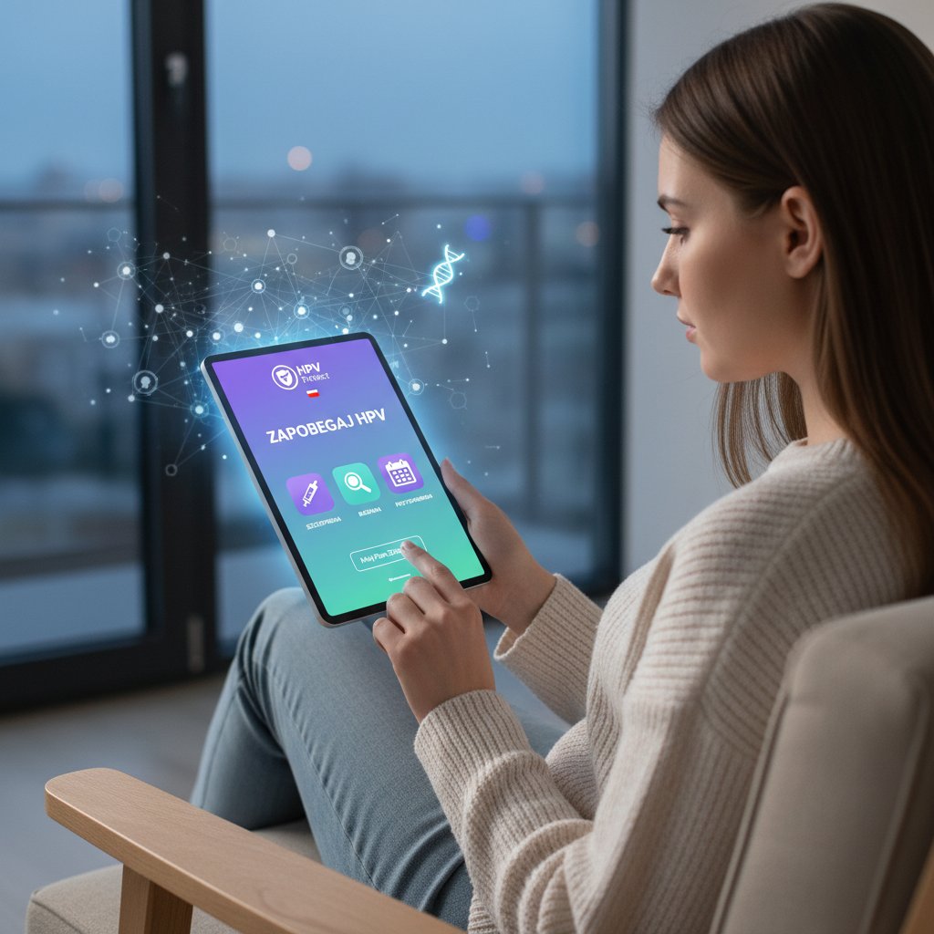 Młoda kobieta korzystająca z aplikacji zdrowotnej na smartfonie, profilaktyka HPV, nowoczesne technologie