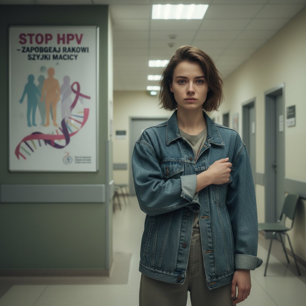 Młoda kobieta w poczekalni przychodni zdrowia, patrząca w kamerę z mieszanką determinacji i niepokoju, rak szyjki macicy, profilaktyka HPV