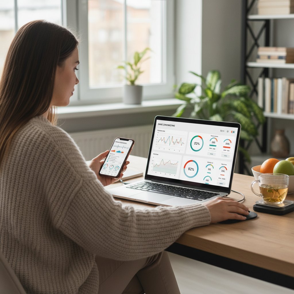 Polka korzystająca z asystenta zdrowotnego w domu, laptop, telefon, dane zdrowotne na ekranie
