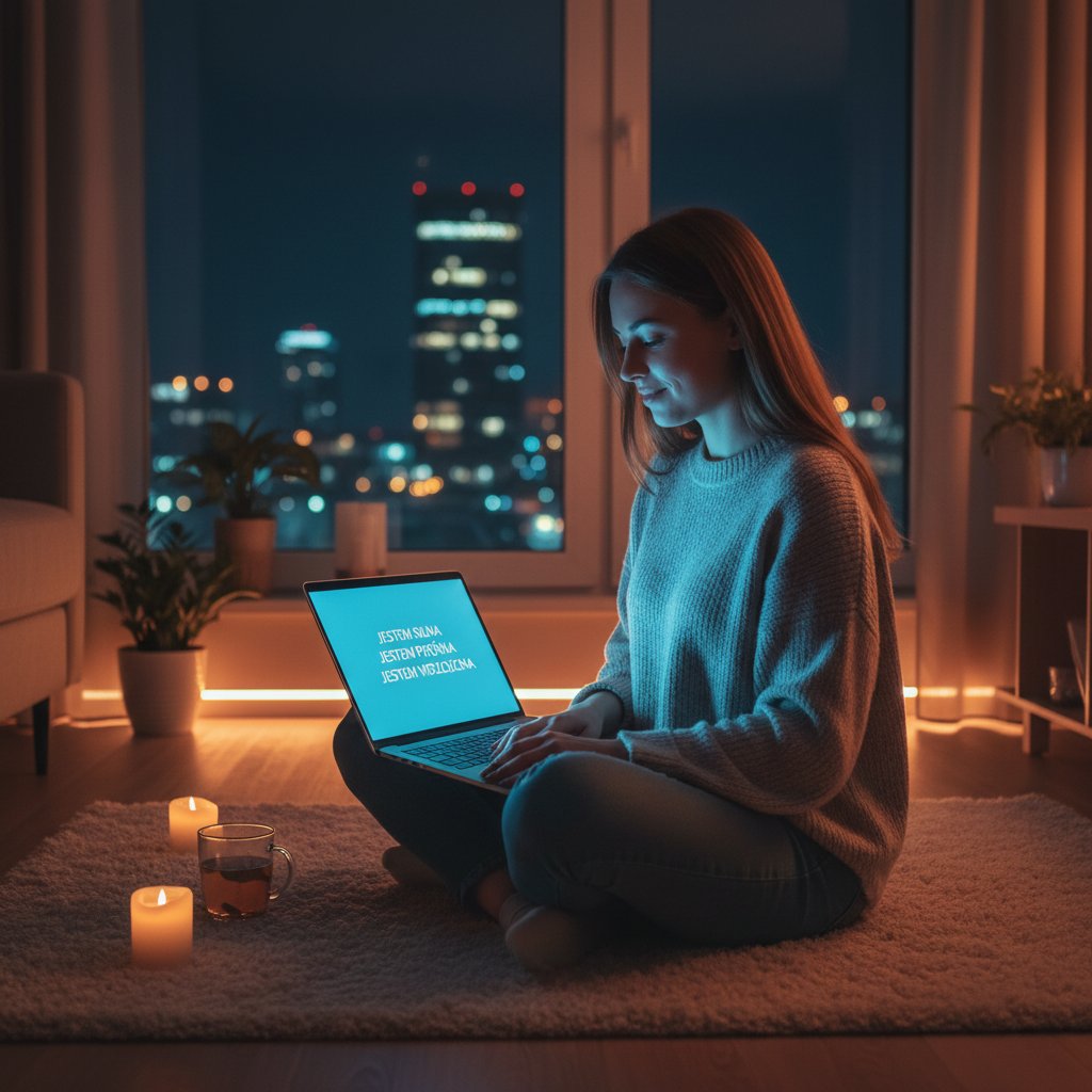 Młoda kobieta w polskim mieszkaniu, ekran laptopa z cyfrowymi afirmacjami, noc, aura refleksji