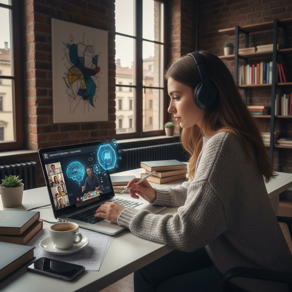 Młoda Polka przy laptopie z włoskimi symbolami i elementami AI, nauka online