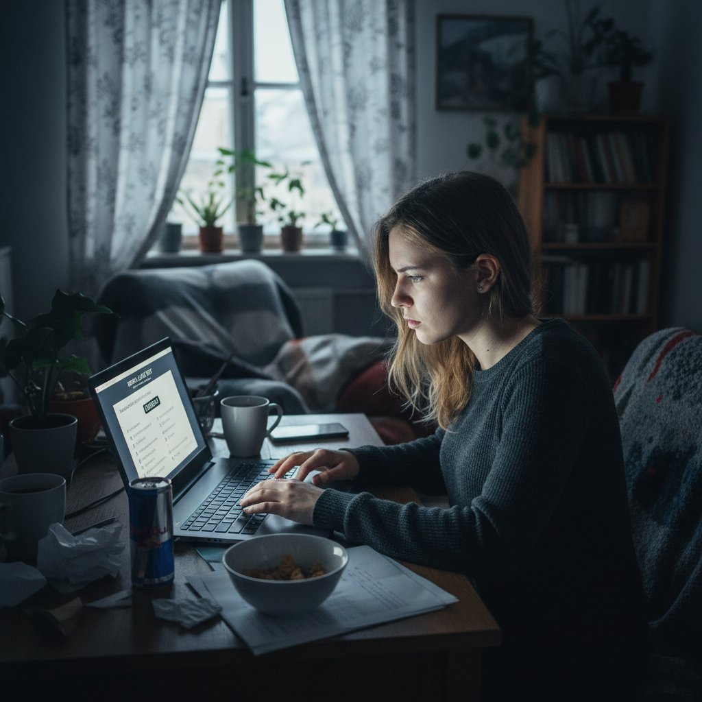 Osoba zdająca egzamin językowy online w domowym zaciszu, z laptopem i słuchawkami, napięta atmosfera