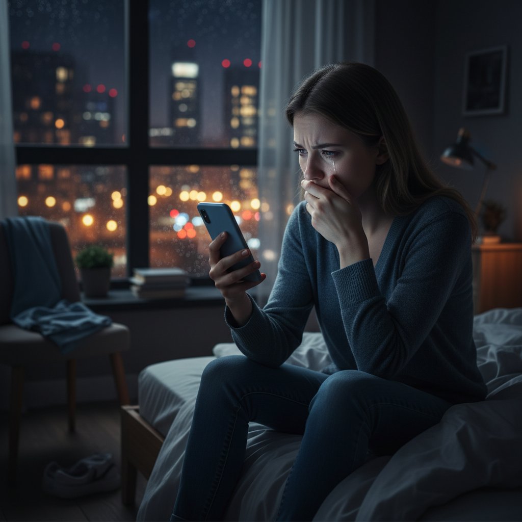 Młoda Polka siedząca samotnie w pokoju, ekran telefonu podświetla jej twarz, miasto nocą za oknem – symbol samotności cyfrowej