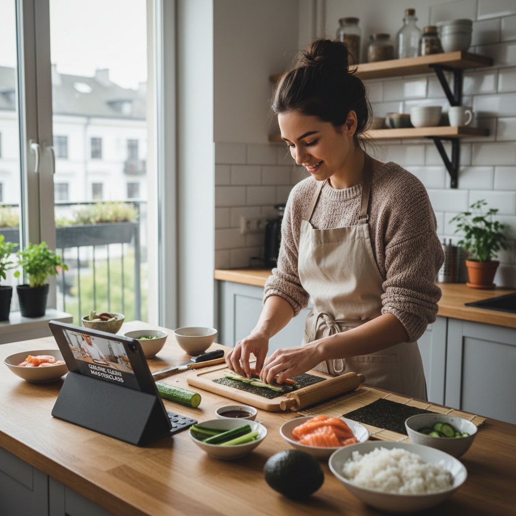Młoda Polka przygotowująca sushi w domowej kuchni, sukces kursów gotowania online