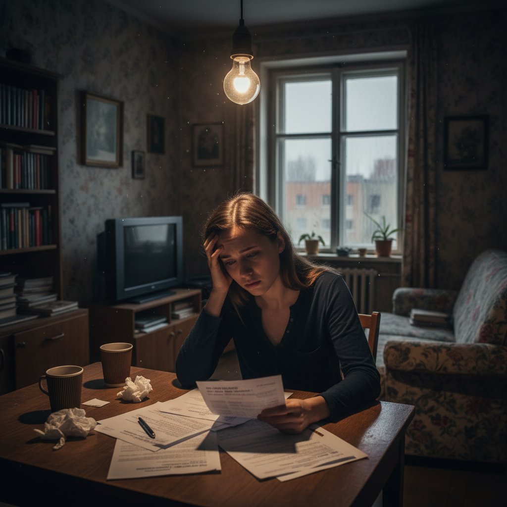 Młoda kobieta trzymająca głowę, otoczona dokumentacją medyczną, symbolizująca walkę z chorobą autoimmunologiczną