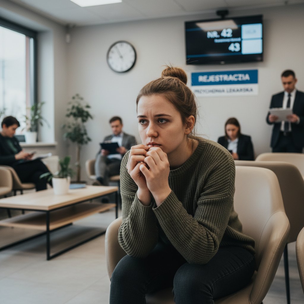 Młoda kobieta w poczekalni ginekologicznej, wyraźnie zestresowana przed wizytą u ginekologa