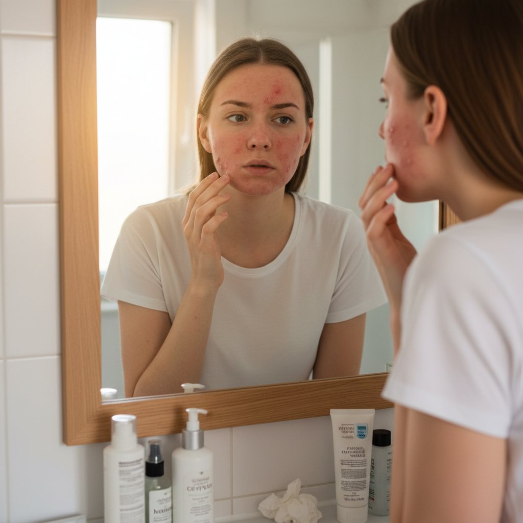 Młoda Polska kobieta patrząca w lustro, dostrzegająca subtelne zmiany skórne, pierwsze objawy SLE