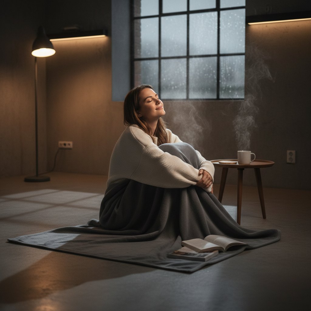 Młoda kobieta owinięta nowoczesnym kocem grzejącym, siedzi na betonowej podłodze, atmosfera ulgi – terapia ciepłem w minimalistycznym stylu