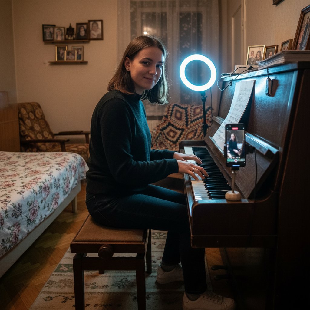 Młoda kobieta nagrywająca grę na pianinie podczas lekcji online