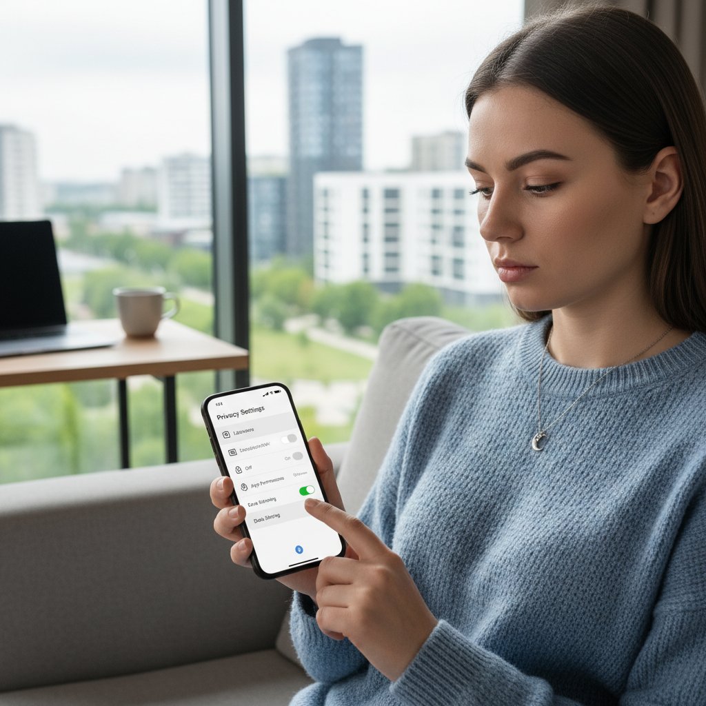 Młoda Polka analizująca ustawienia prywatności na telefonie, koncentracja, technologia