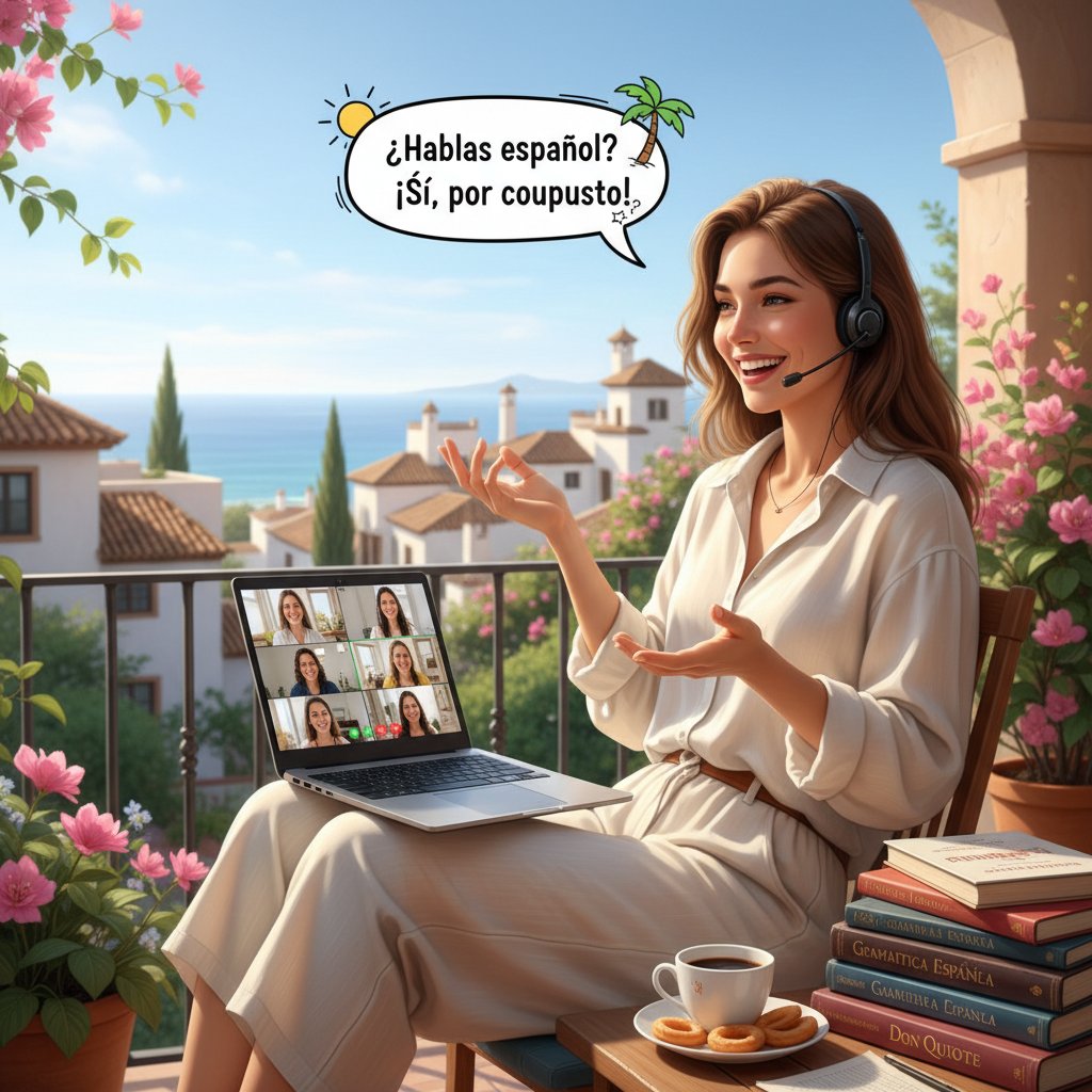 Szczęśliwa absolwentka filologii rozmawiająca po hiszpańsku podczas pracy zdalnej