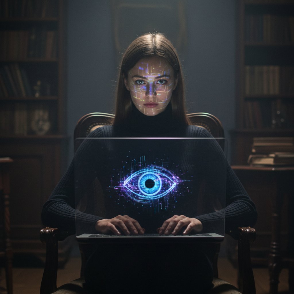 Młoda Polka z poważnym wyrazem twarzy patrzy w ekran laptopa, w okularach odbija się cyfrowe oko