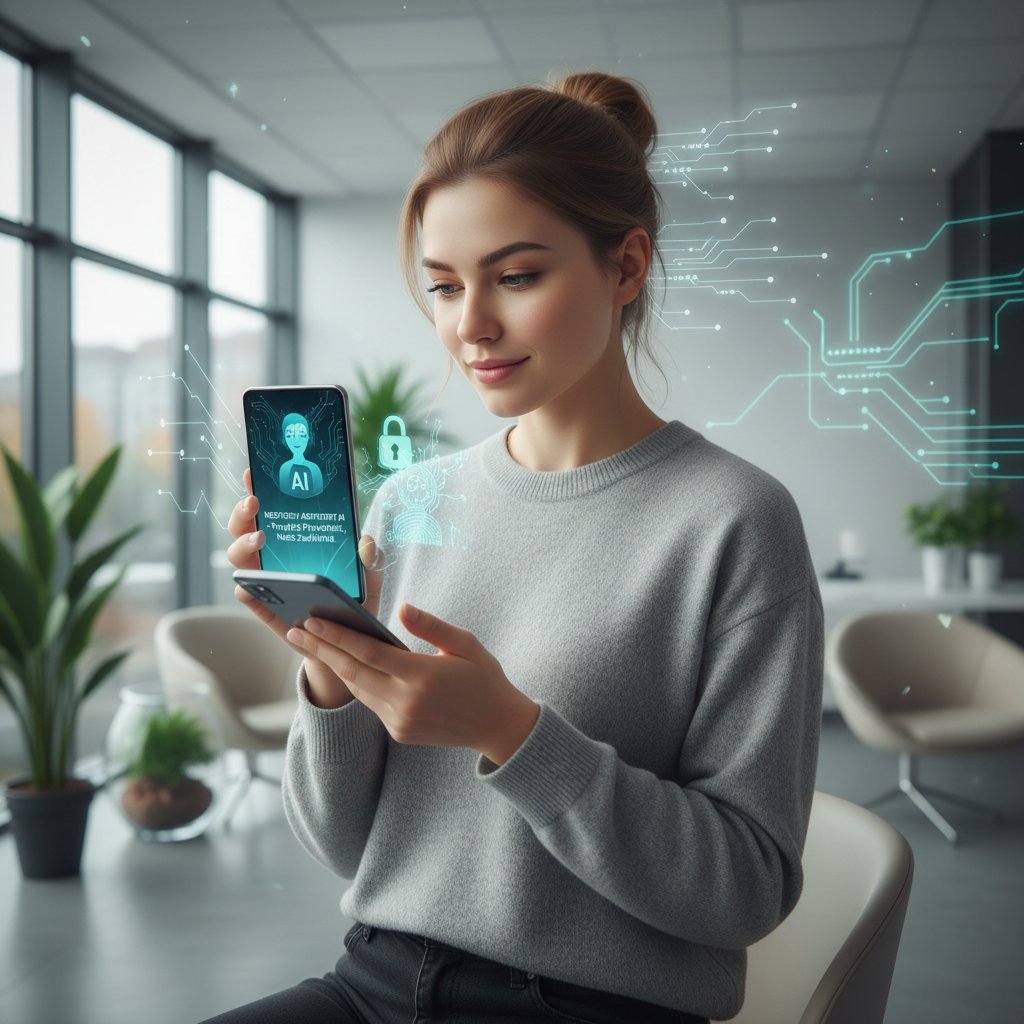 Młoda Polka korzystająca z wirtualnego asystenta medycznego na smartfonie, nowoczesne wnętrze, atmosfera dyskrecji i zaufania