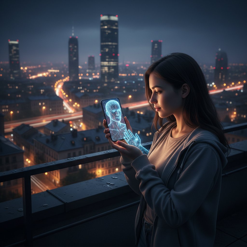 Młoda kobieta nocą patrzy w ekran smartfona, z którego wyłania się cyfrowa postać chłopaka, symbolizująca wirtualny związek