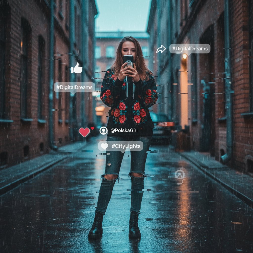 Młoda Polka z telefonem, w miejskiej scenerii, otoczona cyfrowymi efektami Instagram i glitchami