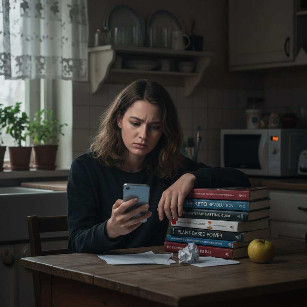 Kobieta przeglądająca porady żywieniowe na telefonie w kuchni, otoczona książkami i magazynami o dietach, wyraz sceptycyzmu