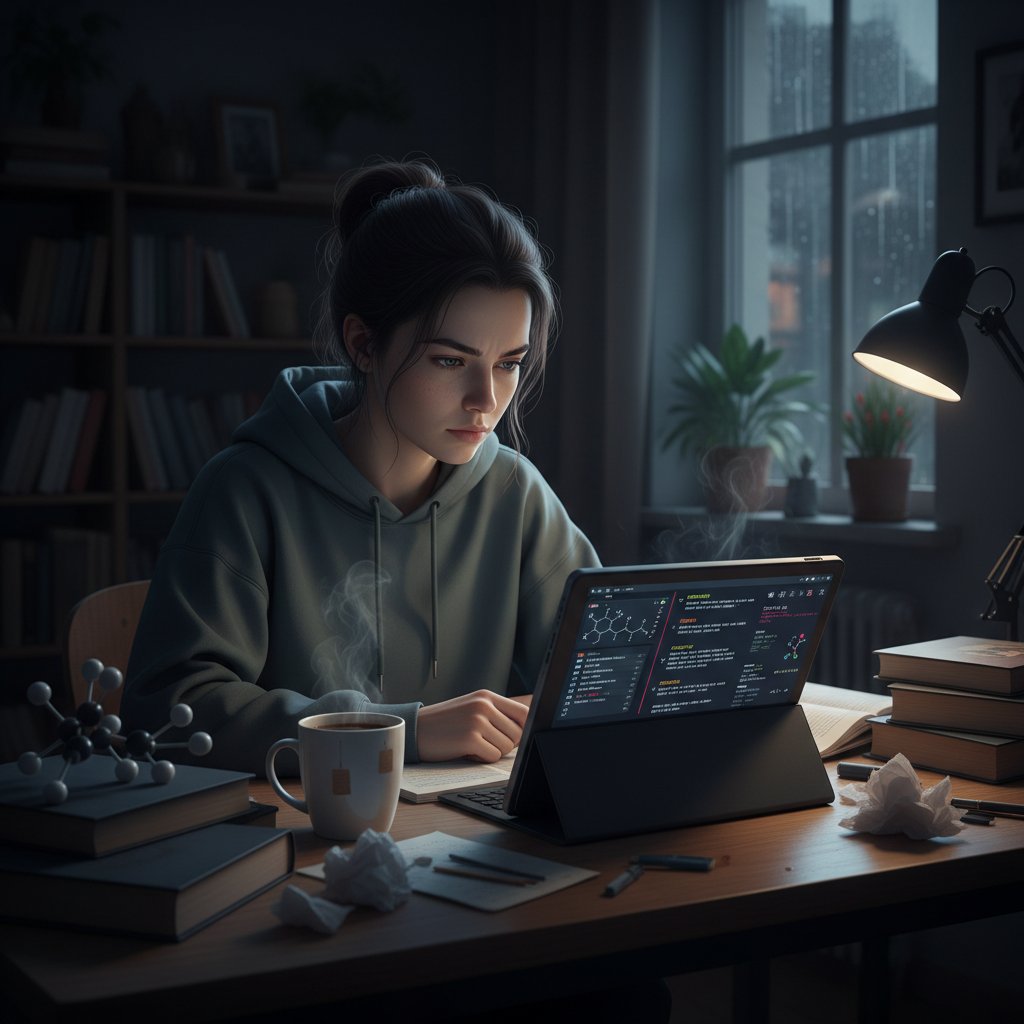 Studentka ucząca się chemii online nocą