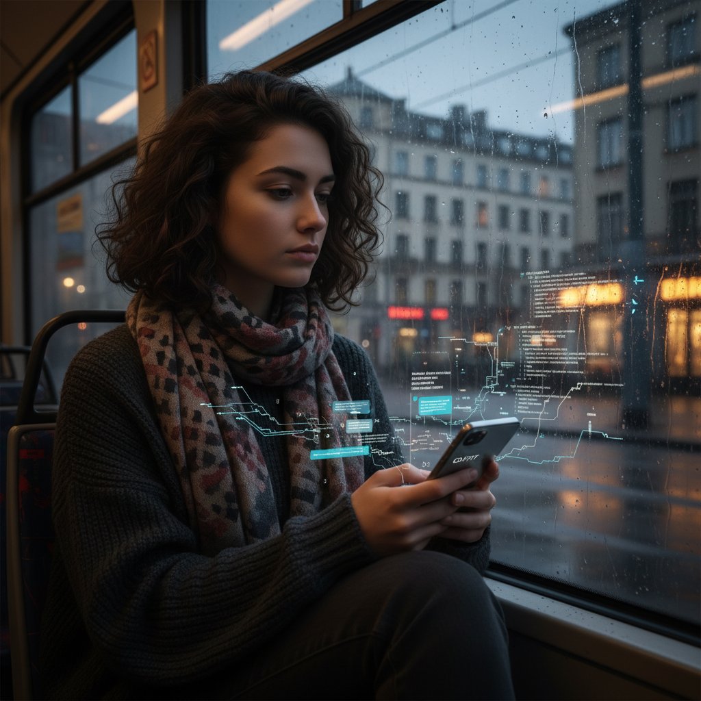 Młoda kobieta w tramwaju z telefonem, na którym wyświetla się rozmowa z ChatGPT, miasto odbite w szybie z cyfrowym kodem