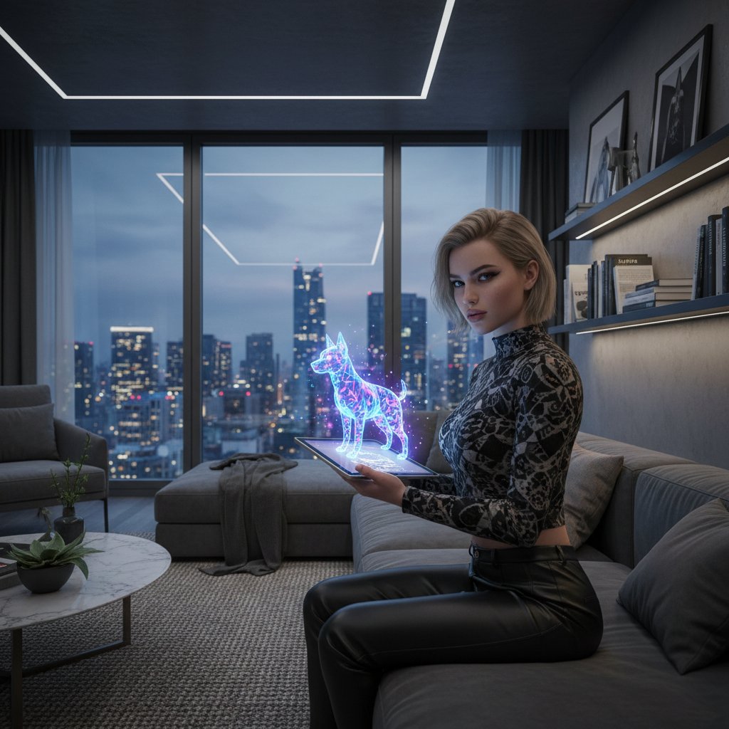 Młoda kobieta w polskim mieszkaniu spędza emocjonalnie czas z realistycznym wirtualnym psem na tablecie, w tle nocne światła miasta