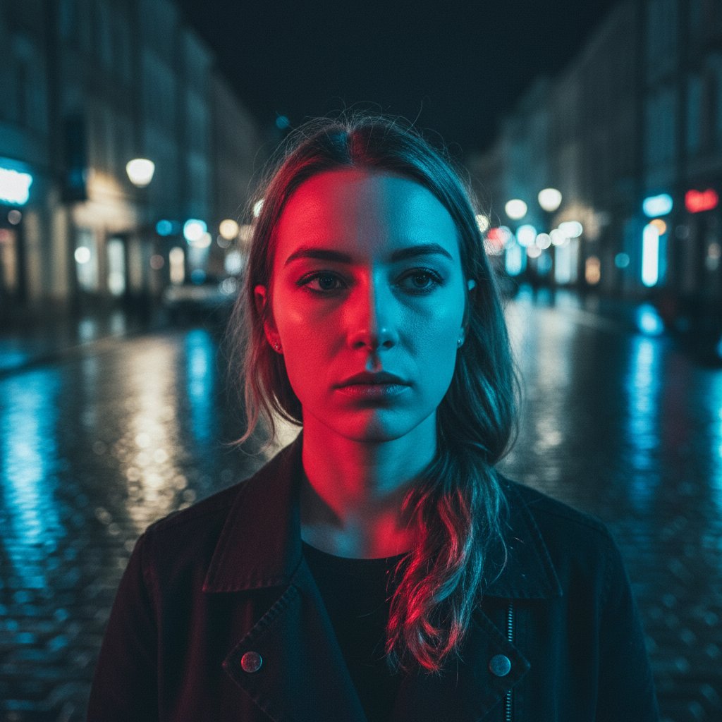 Kobieta w miejskiej scenerii, częściowo w cieniu, symbolizująca konflikt i odporność w PMS