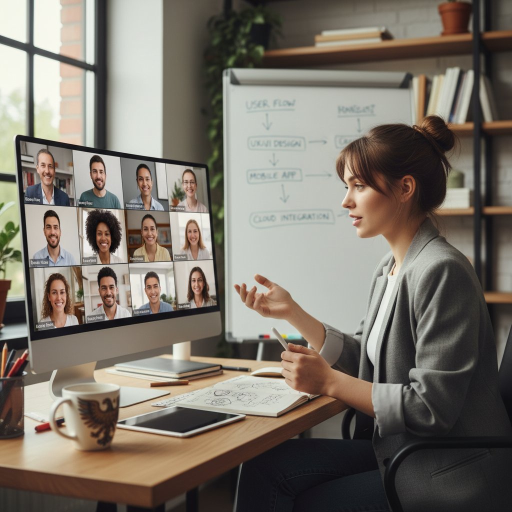 Młoda Polka uczestniczy w wideokonferencji z zagranicznymi pracownikami, komputer z otwartym dokumentem projektu