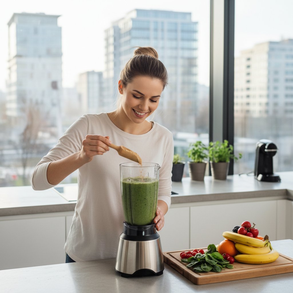 Polka przygotowująca smoothie z maca w kuchni – młoda kobieta miesza proszek maca w nowoczesnej kuchni, styl lifestyle, słowa kluczowe: maca, kuchnia, zdrowy styl życia, adaptogeny, polska kobieta