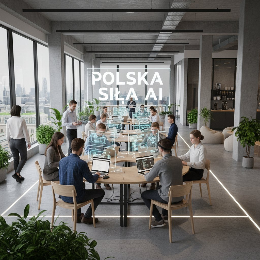 Młode pokolenie korzystające z AI w pracy biurowej, nowoczesna przestrzeń coworkingowa