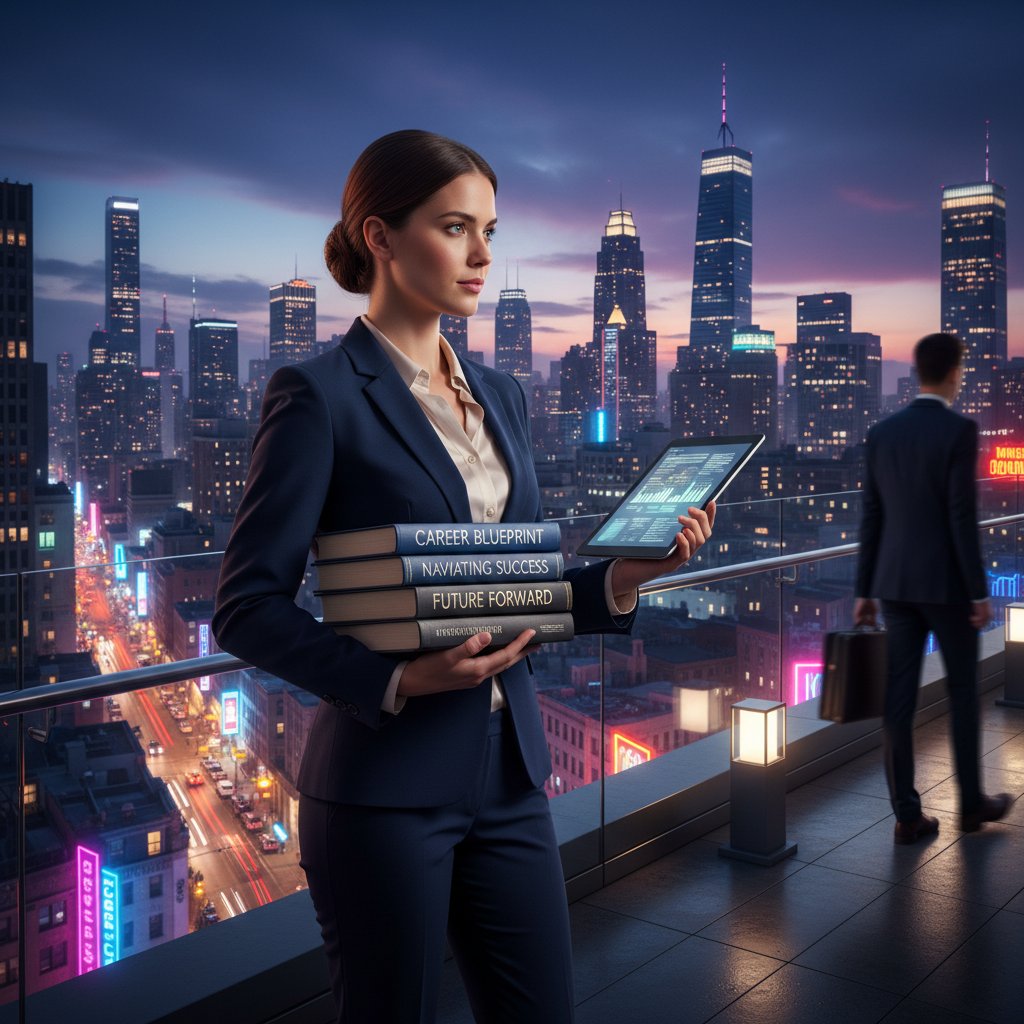 Młody profesjonalista analizuje poradniki online na tle miejskiej panoramy, napięcie i nadzieja