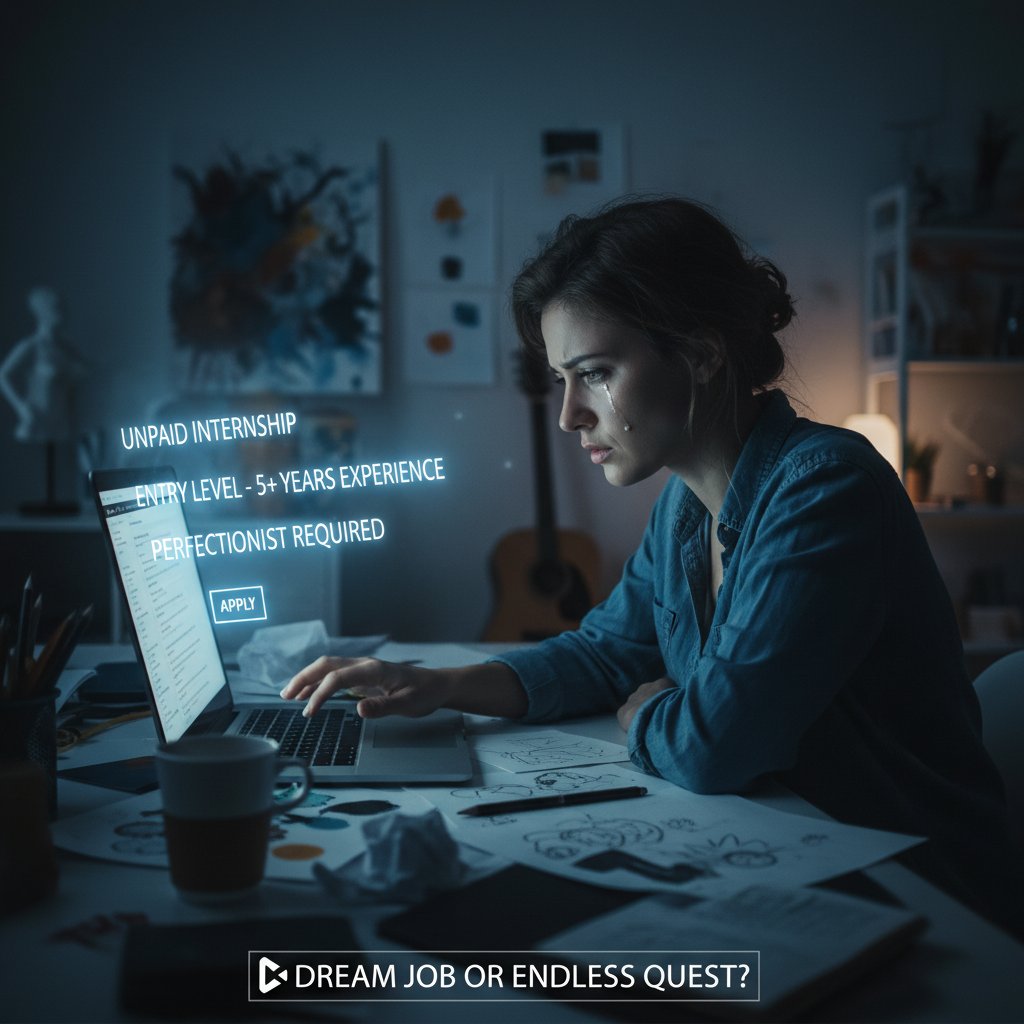 Młody profesjonalista patrzący ze strachem na oferty pracy w branży kreatywnej