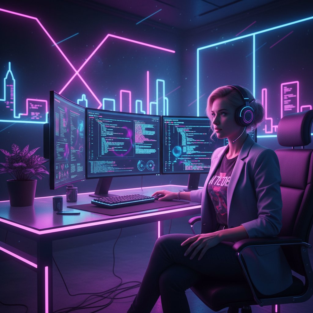 Młody profesjonalista pracujący przy komputerze w nowoczesnym, neonowo oświetlonym biurze, otoczony cyfrowymi narzędziami, symbolizujący rozwój kompetencji online