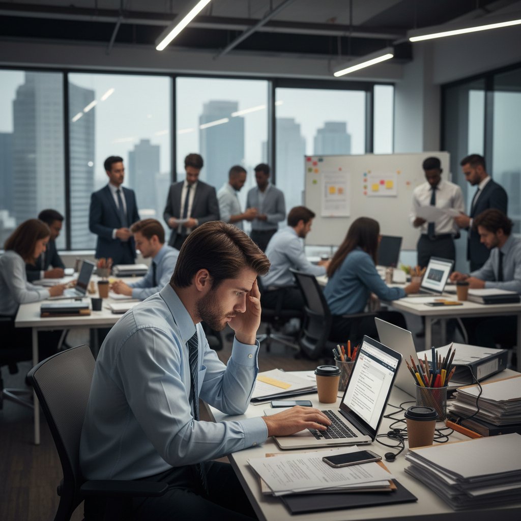 Młody specjalista przeglądający skrzynkę odbiorczą na telefonie w zatłoczonym otoczeniu