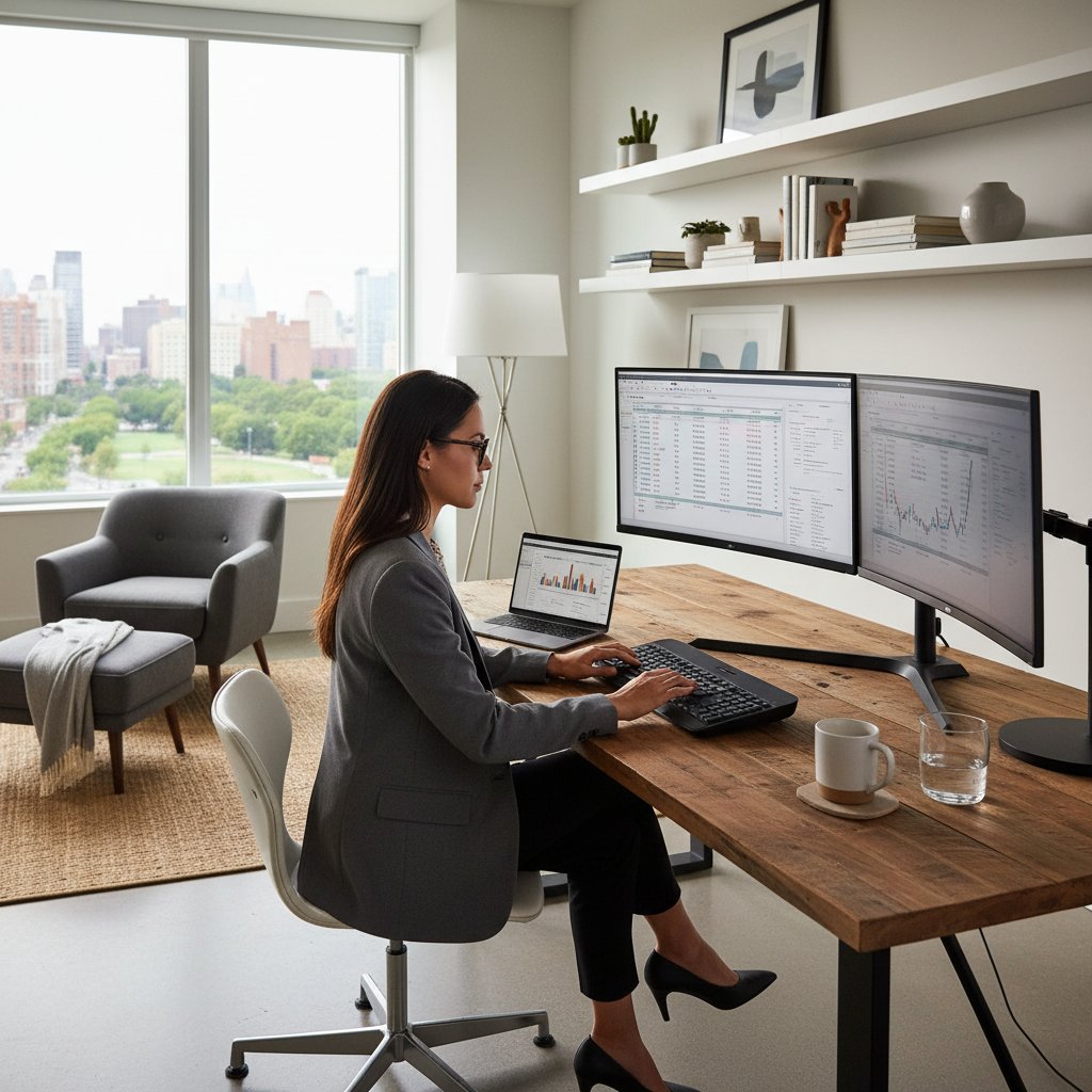 Young professional with laptops, financial news, digital whiteboard—research-driven retail investor