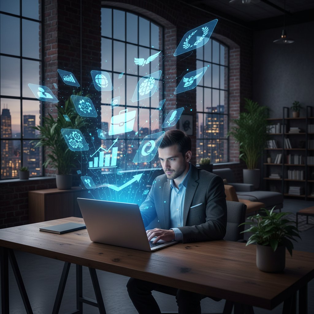 Młody profesjonalista pracujący przy laptopie wieczorem, otoczony cyfrowymi hologramami CV i ikon kariery