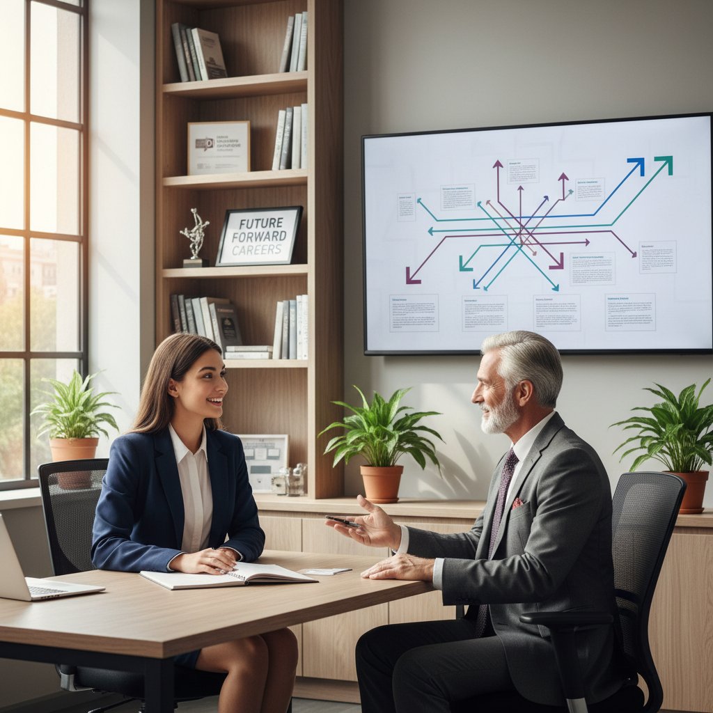 Młody profesjonalista rozmawiający z mentorem w biurze, inspirujące spotkanie kariery