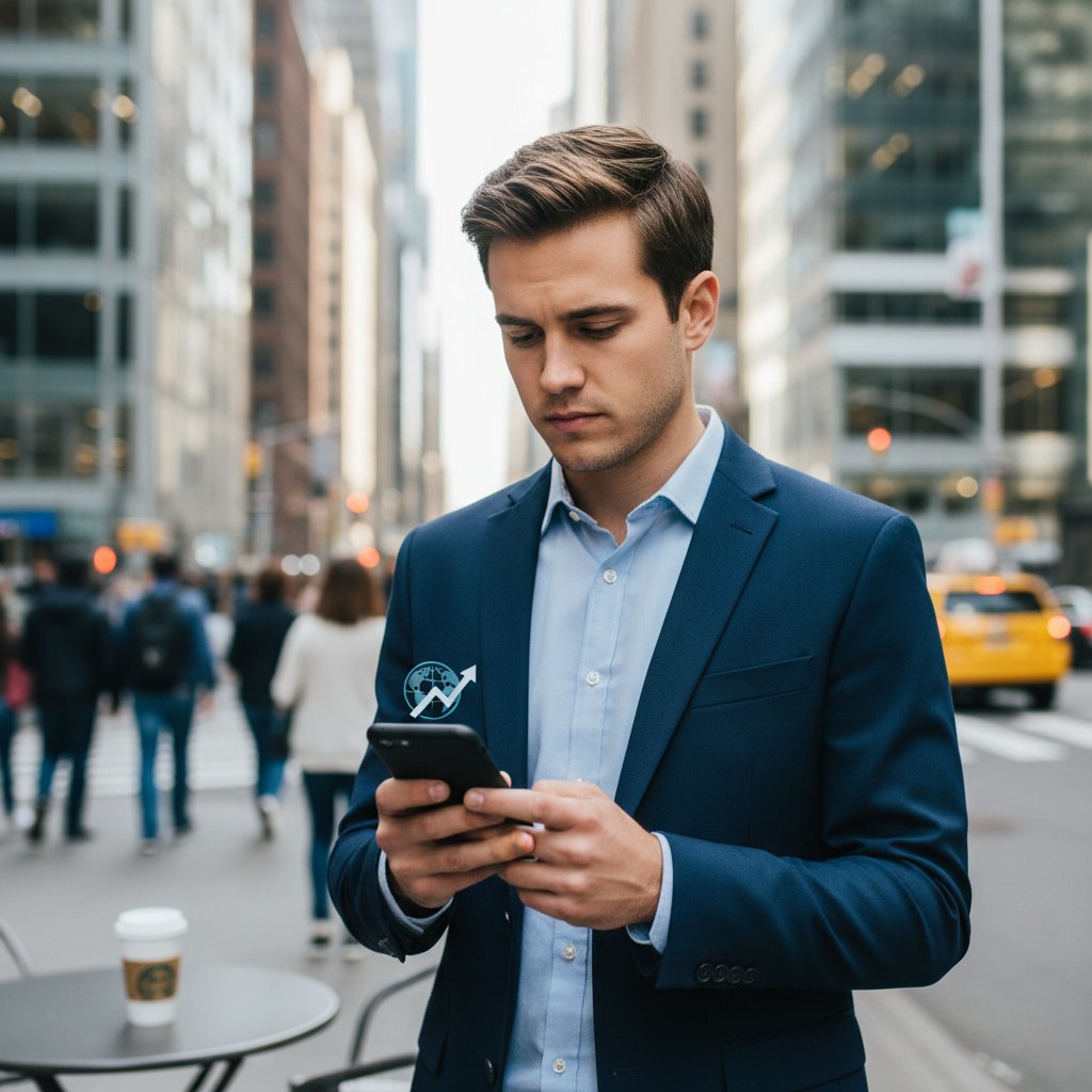 Młody profesjonalista śledzący lokalne i krajowe newsy na smartfonie