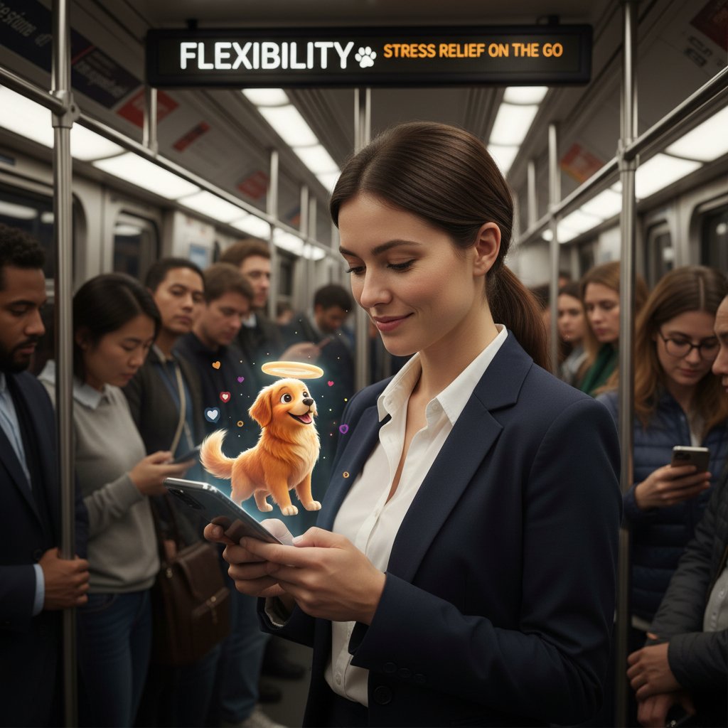 Junger Berufstätiger mit Smartphone in der U-Bahn, interagiert entspannt mit virtuellem Hund, Szene vermittelt Flexibilität und Stressabbau im Alltag