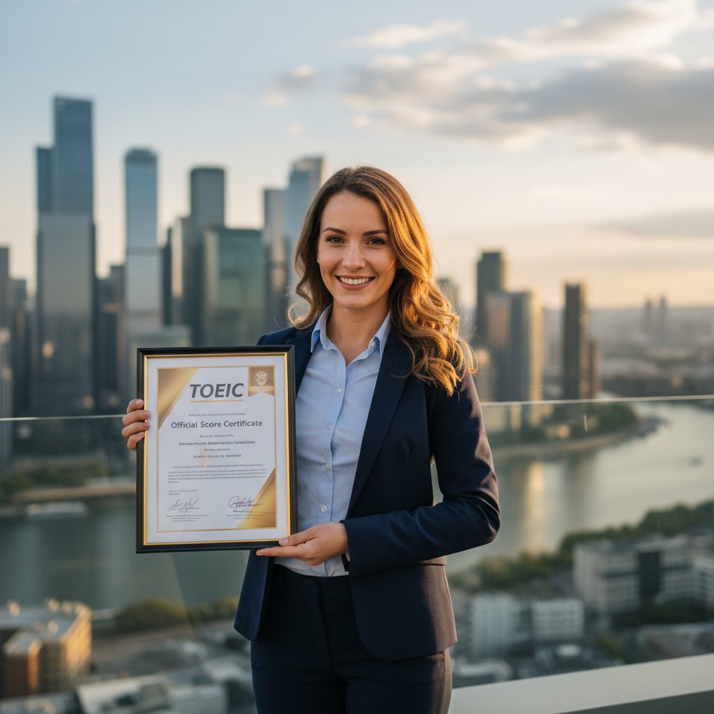 Młoda profesjonalistka z certyfikatem TOEIC na tle miasta, uśmiechnięta, gotowa do awansu zawodowego