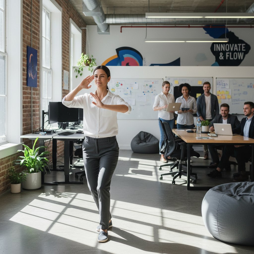 Młody profesjonalista ćwiczy tai chi w ubraniu biurowym w nowoczesnym biurze