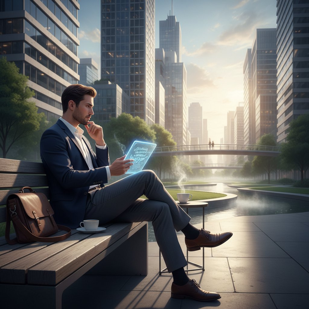 Młoda osoba korzystająca z filozofii online w pracy, tablet, nowoczesne biuro, wczesny poranek, profesjonalizm