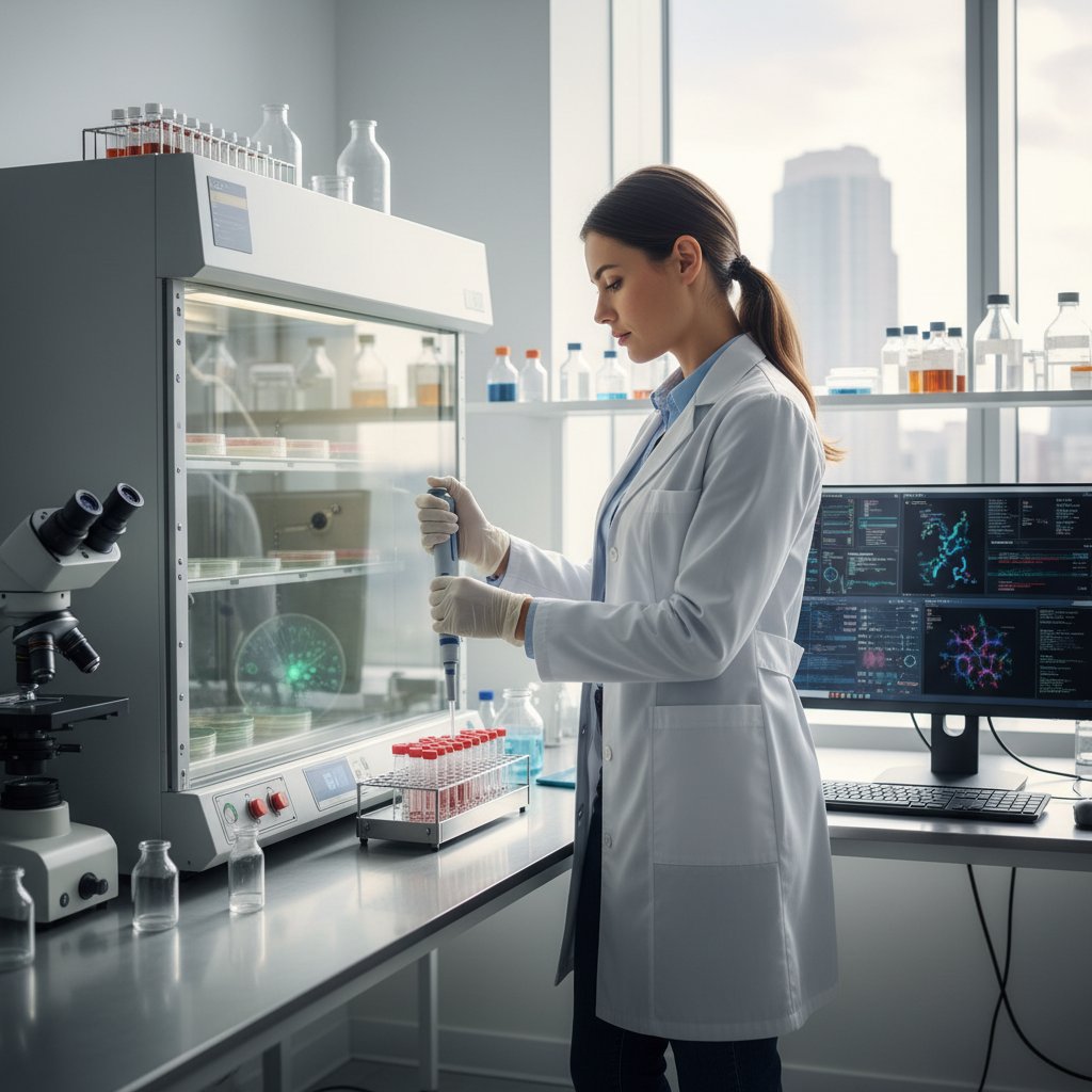 Młody profesjonalista wykorzystuje kompetencje biologiczne w pracy biurowo-laboratoryjnej, nowoczesny styl, pewność siebie