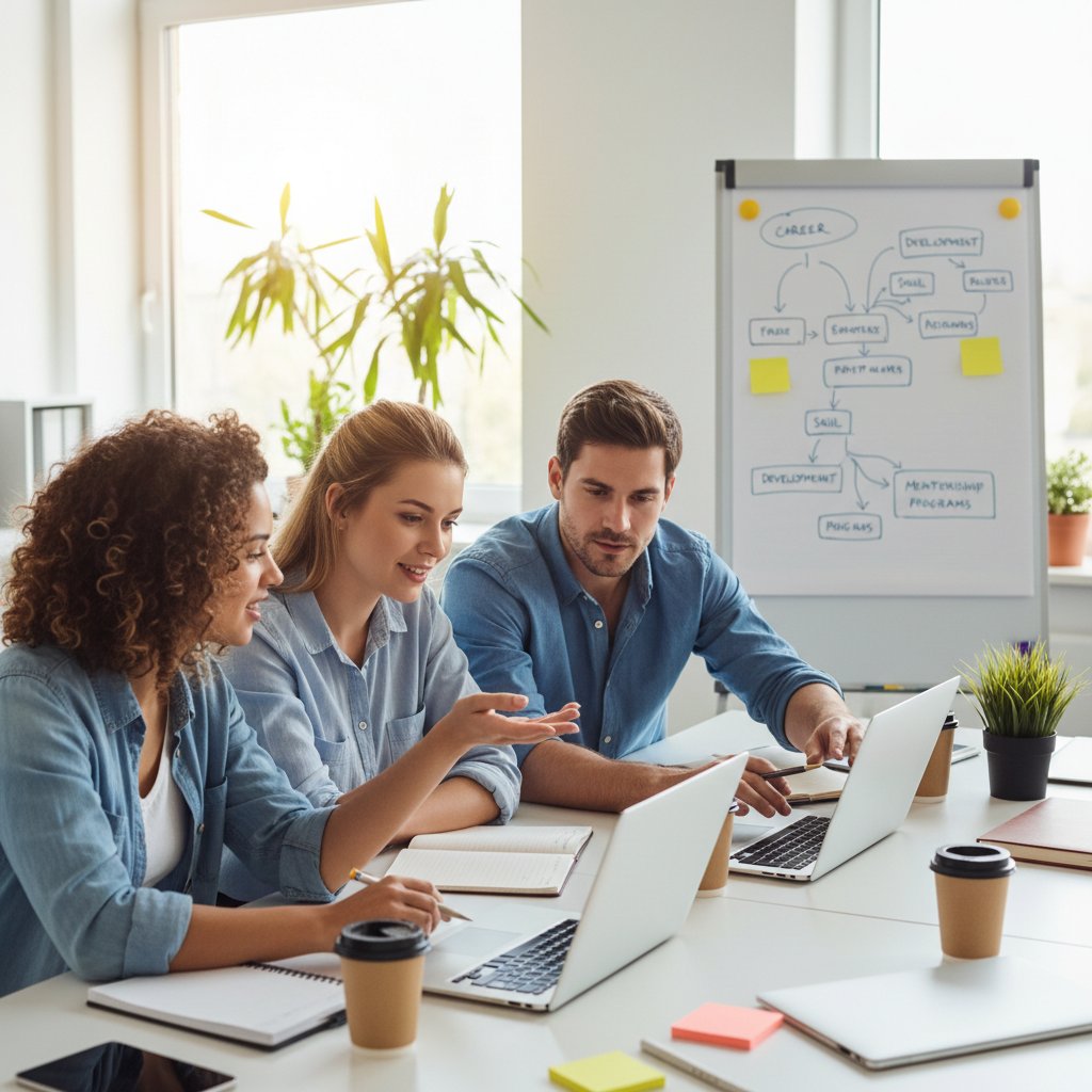 Zespół młodych profesjonalistów dyskutuje przy komputerach, inspiracje i wsparcie w rozwoju kompetencji